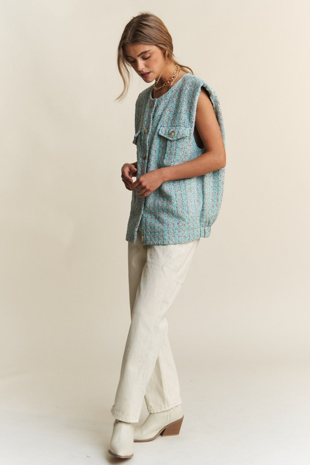 J.NNA Frayed Tweed Padded Shoulder Vest Shirt Apparel Clothing Tops J.NNA Ship from USA Shirts USA Women Trendsi https://www.cyberehub.com