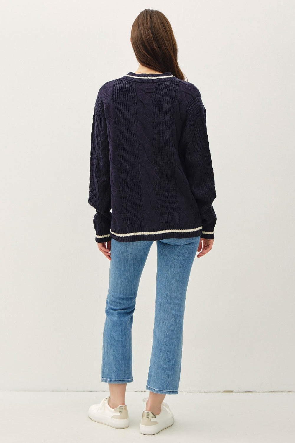 Be Cool Contrast Trim Cable-Knit V-Neck Cardigan Tops/Jackets/Sweaters BE COOL Clothing Tops Ship from USA TikTok Trendsi USPS Walmart Trendsi https://www.cyberehub.com