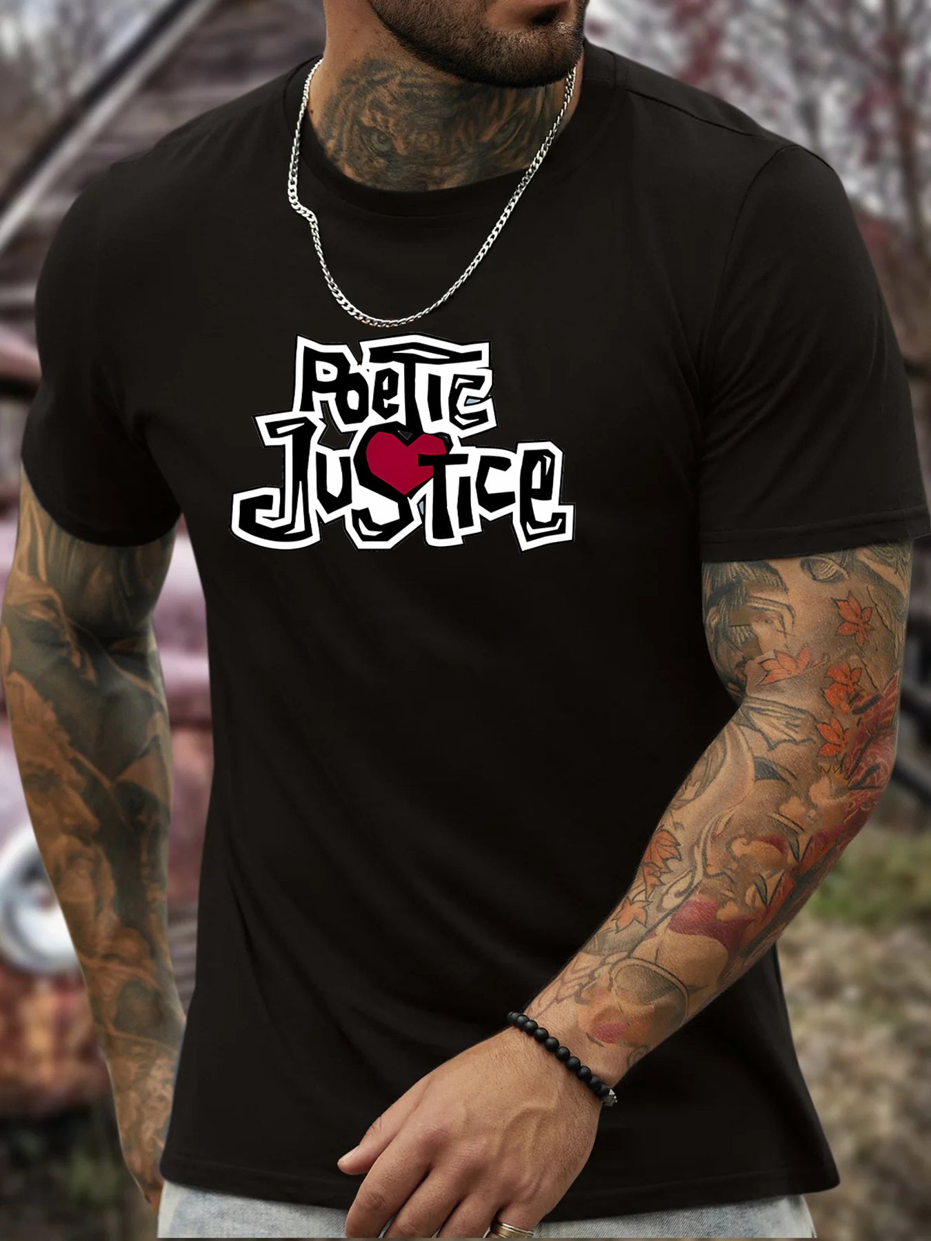 POETIC JUSTICE Letter Printed Round Neck Short Sleeved T-shirt For Men, Casual Summer T-shirt, Suitable For Daily Wear And Vacation Destinations Apparel/Shirt/Graphic Shirt SNULLO https://www.cyberehub.com