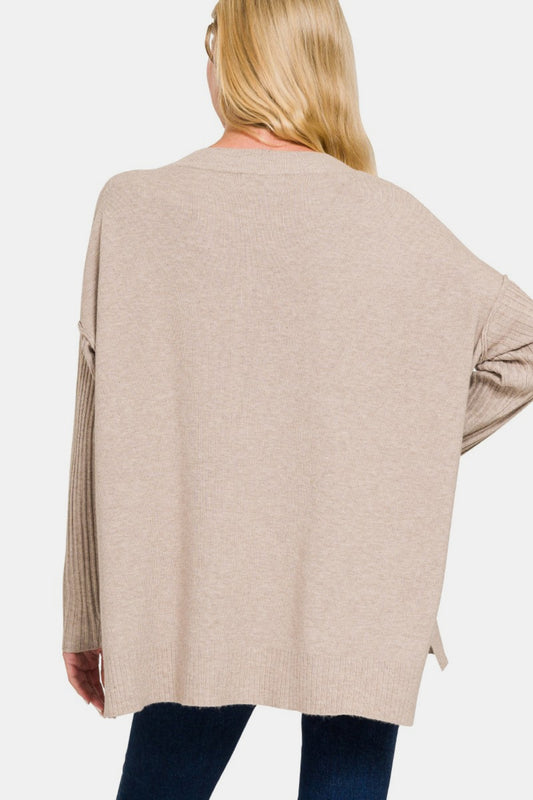 Zenana V-Neck Side Slit High-Low Sweater Shirt Apparel Clothing Tops Ship from USA Shirts USA Women Zenana Trendsi https://www.cyberehub.com