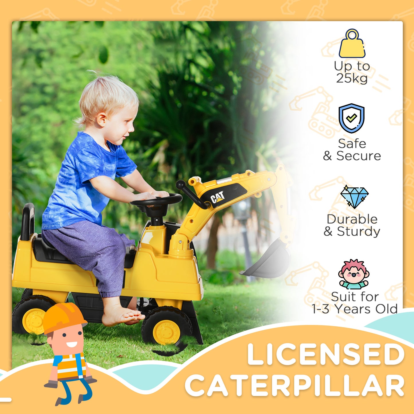 Aosom Excavator Ride on Toy, CAT Licensed Kids Manual Pedal Ride on Excavator with Manual Shovel, Horn, Hidden Storage for 18-36 Months Boys and Girls, Yellow Car Giga GNJ Toys Walmart Giga https://www.cyberehub.com