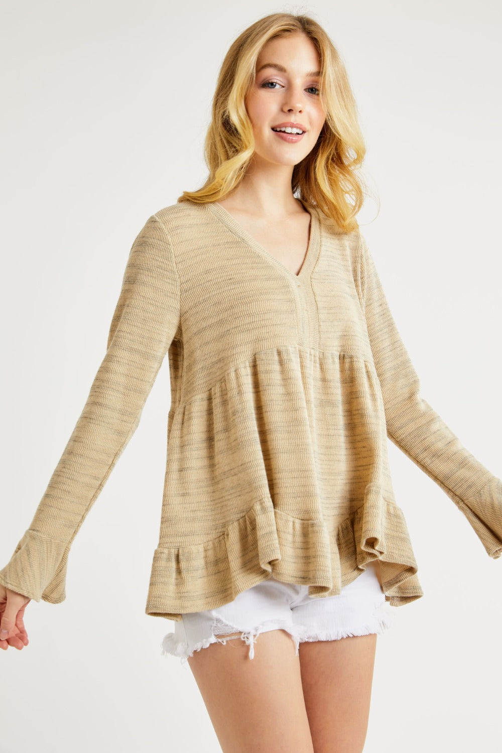 Hailey & Co V-Neck Flounce Sleeve Knit Top Shirt Apparel Clothing Tops Hailey & Co Ship from USA Shirts USA Women Trendsi https://www.cyberehub.com