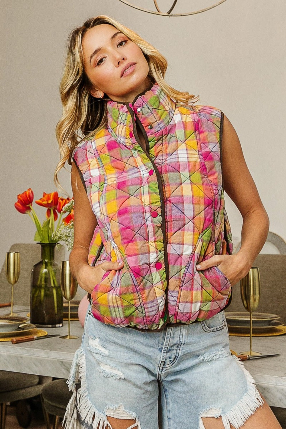 BiBi Quilted Washed Plaid Snap Down Vest Shirt Apparel BiBi Clothing Tops Ship from USA Shirts USA Women Trendsi https://www.cyberehub.com