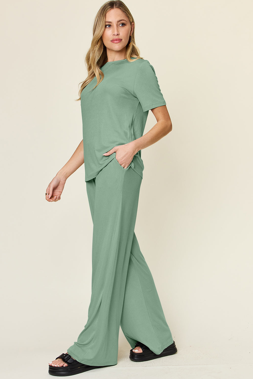 Double Take Full Size Round Neck Short Sleeve T-Shirt and Wide Leg Pants Set Apparel/Tops Double Take Ship from USA TikTok Tops Trendsi USPS Walmart Walmart Apparel Trendsi https://www.cyberehub.com