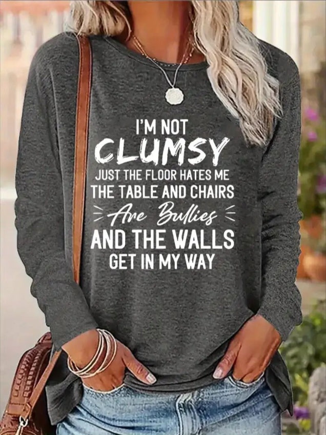 Women's Printed Long Sleeve Hoodless Sweatshirt Grey Apparel/Shirt/Graphic Shirt SNULLO https://www.cyberehub.com