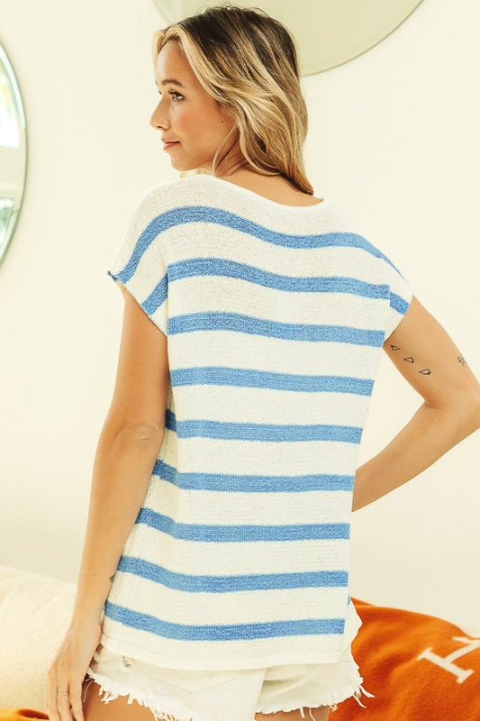 BiBi Striped Round Neck Short Sleeve Knit Top Shirt Apparel BiBi Clothing Tops Ship from USA Shirts USA Women Trendsi https://www.cyberehub.com