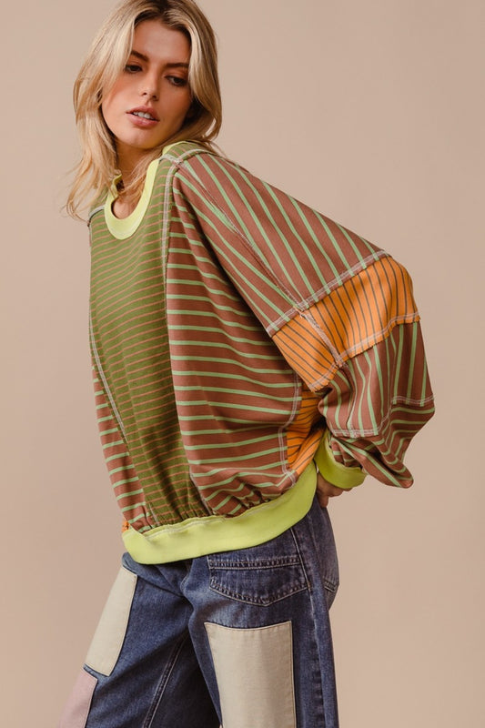 BiBi Color Block Striped Round Neck Sweatshirt Tops/Jackets/Sweaters BiBi Clothing Tops Ship from USA TikTok Trendsi USPS Walmart Trendsi https://www.cyberehub.com