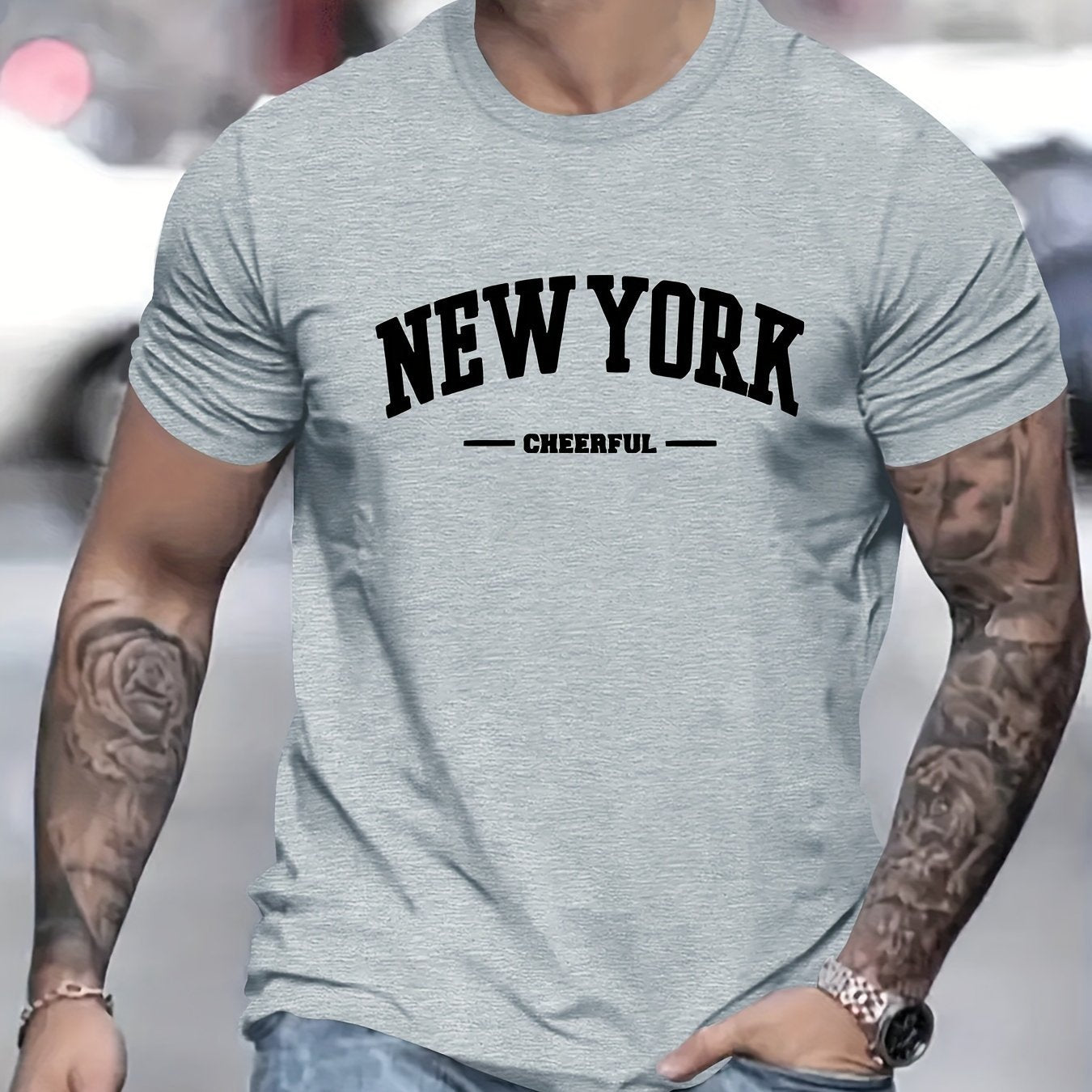 Men's New York Creative Printed Casual Novelty T-shirt, Short Sleeved Summer&spring Top, Comfortable Fit, Fashionable Street Casual Round Neck T-shirt, Suitable For Daily Wear Grey Apparel/Shirt/Graphic Shirt SNULLO https://www.cyberehub.com
