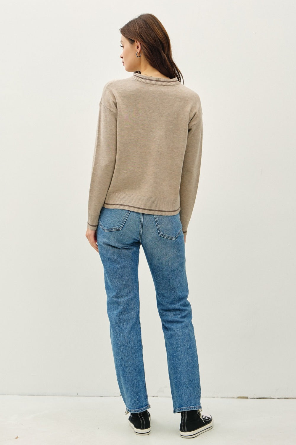 Be Cool Striped Trim Round Neck Long Sleeve Sweater Tops/Jackets/Sweaters BE COOL Clothing Tops Ship from USA TikTok Trendsi USPS Walmart Trendsi https://www.cyberehub.com