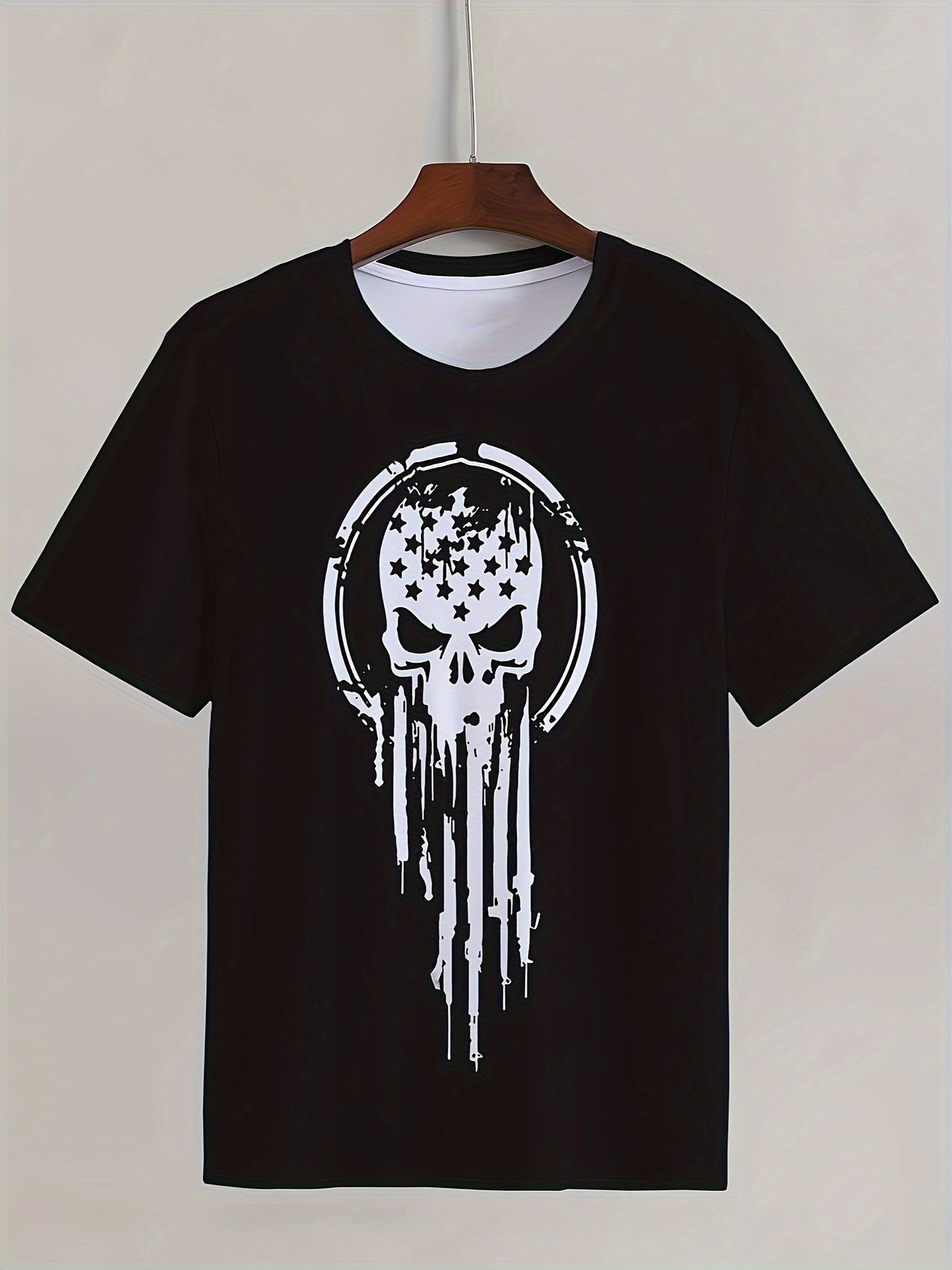 Men's Casual And Fashionable Geometric Skull Pattern T-shirt - Breathable Polyester Fiber, Round Neck, Regular Style Black Apparel/Shirt/Graphic Shirt SNULLO https://www.cyberehub.com
