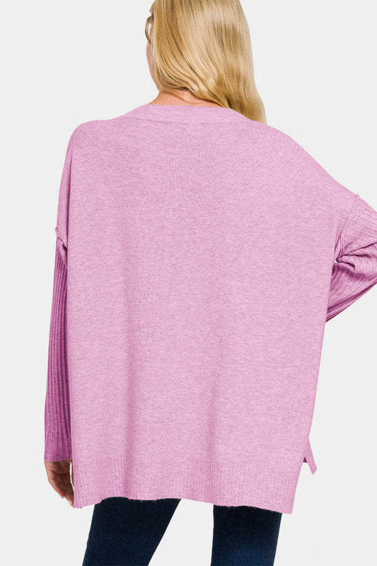 Zenana V-Neck Side Slit High-Low Sweater Shirt Apparel Clothing Tops Ship from USA Shirts USA Women Zenana Trendsi https://www.cyberehub.com
