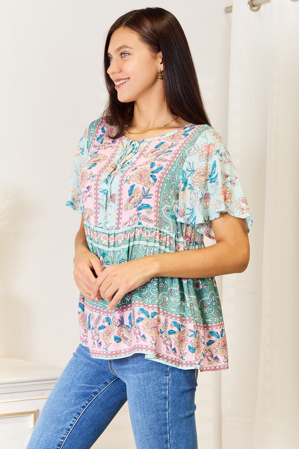 Perfee Floral Tie Neck Short Sleeve Blouse Apparel/Tops Hundredth Ship from USA TikTok Tops Trendsi USPS Walmart Walmart Apparel Trendsi https://www.cyberehub.com