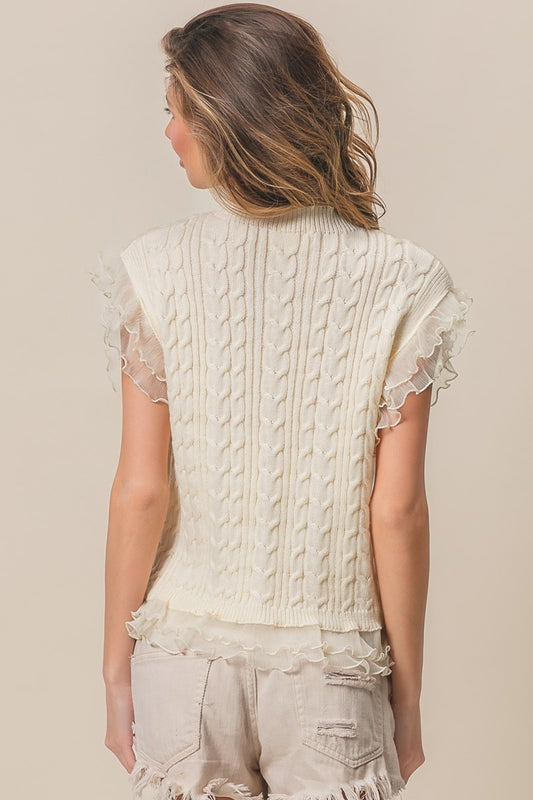 BiBi Layered Pleat Chiffon Edge Cable Knit Top Shirt Apparel BiBi Clothing Tops Ship from USA Shirts USA Women Trendsi https://www.cyberehub.com