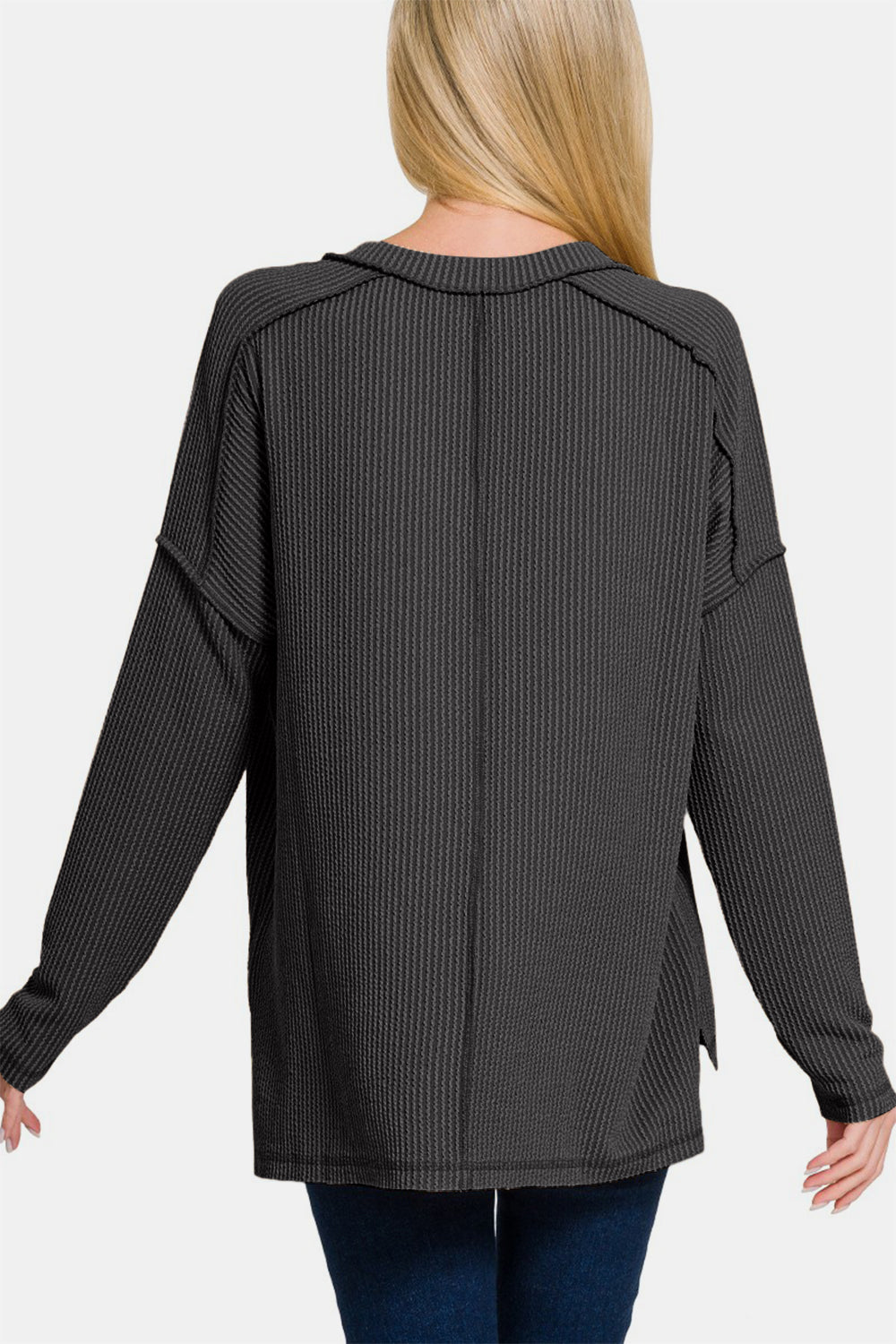 Zenana Texture Exposed Seam V-Neck Long Sleeve T-Shirt Apparel/Tops Ship from USA TikTok Tops Trendsi USPS Walmart Walmart Apparel Zenana Trendsi https://www.cyberehub.com