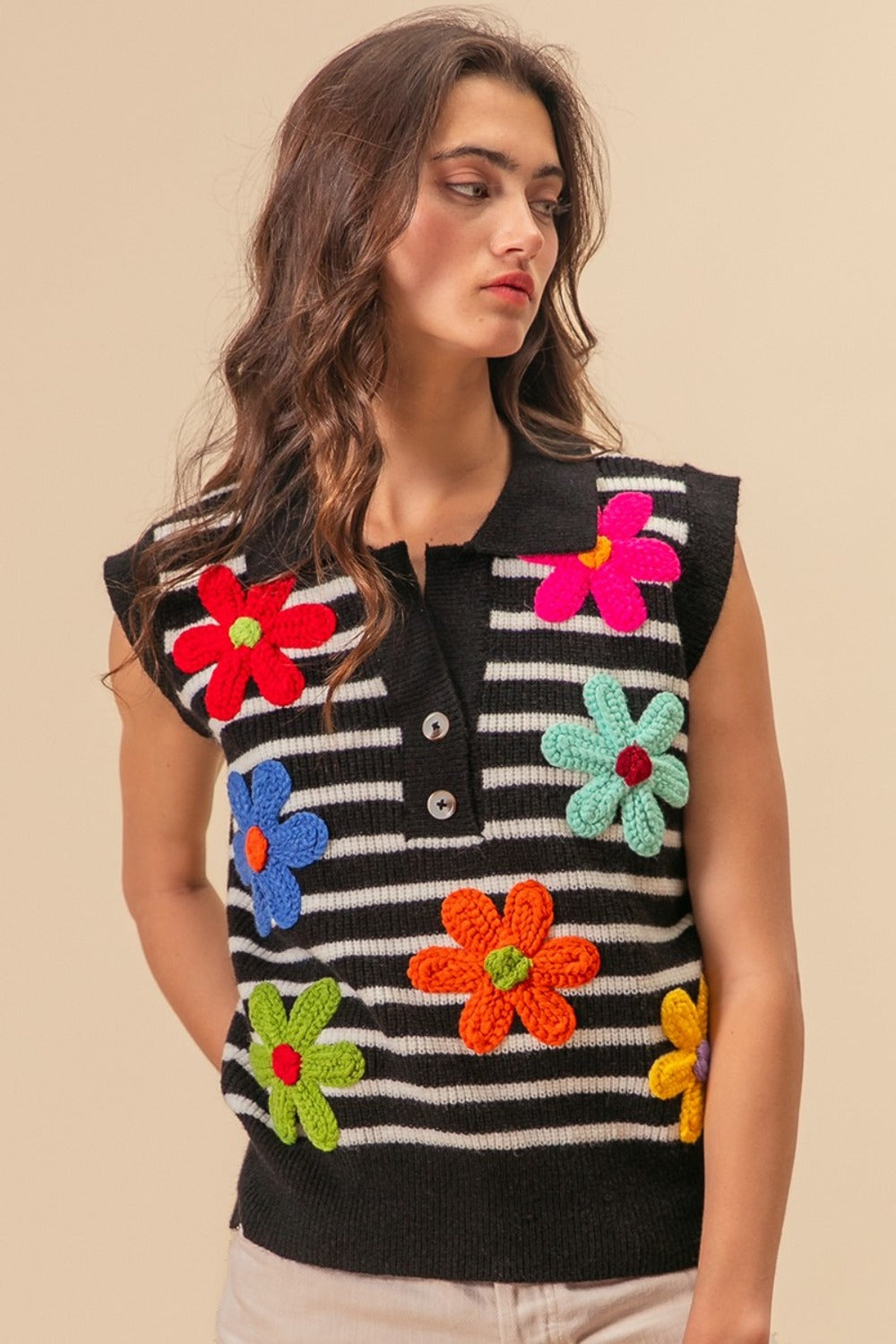 BiBi Flower Patch Striped Half Button Sweater Vest Shirt Apparel BiBi Clothing Tops Ship from USA Shirts USA Women Trendsi https://www.cyberehub.com