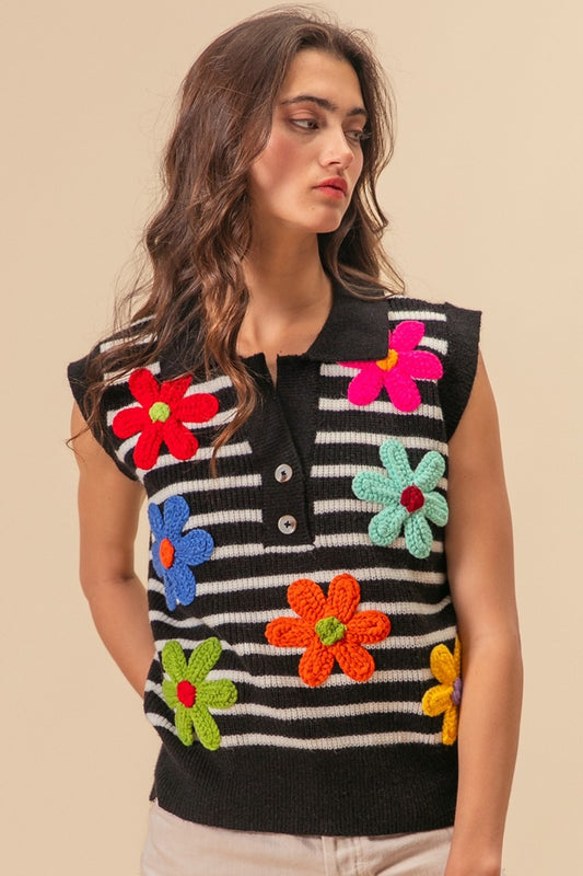 BiBi Flower Patch Striped Half Button Sweater Vest Shirt Apparel BiBi Clothing Tops Ship from USA Shirts USA Women Trendsi https://www.cyberehub.com