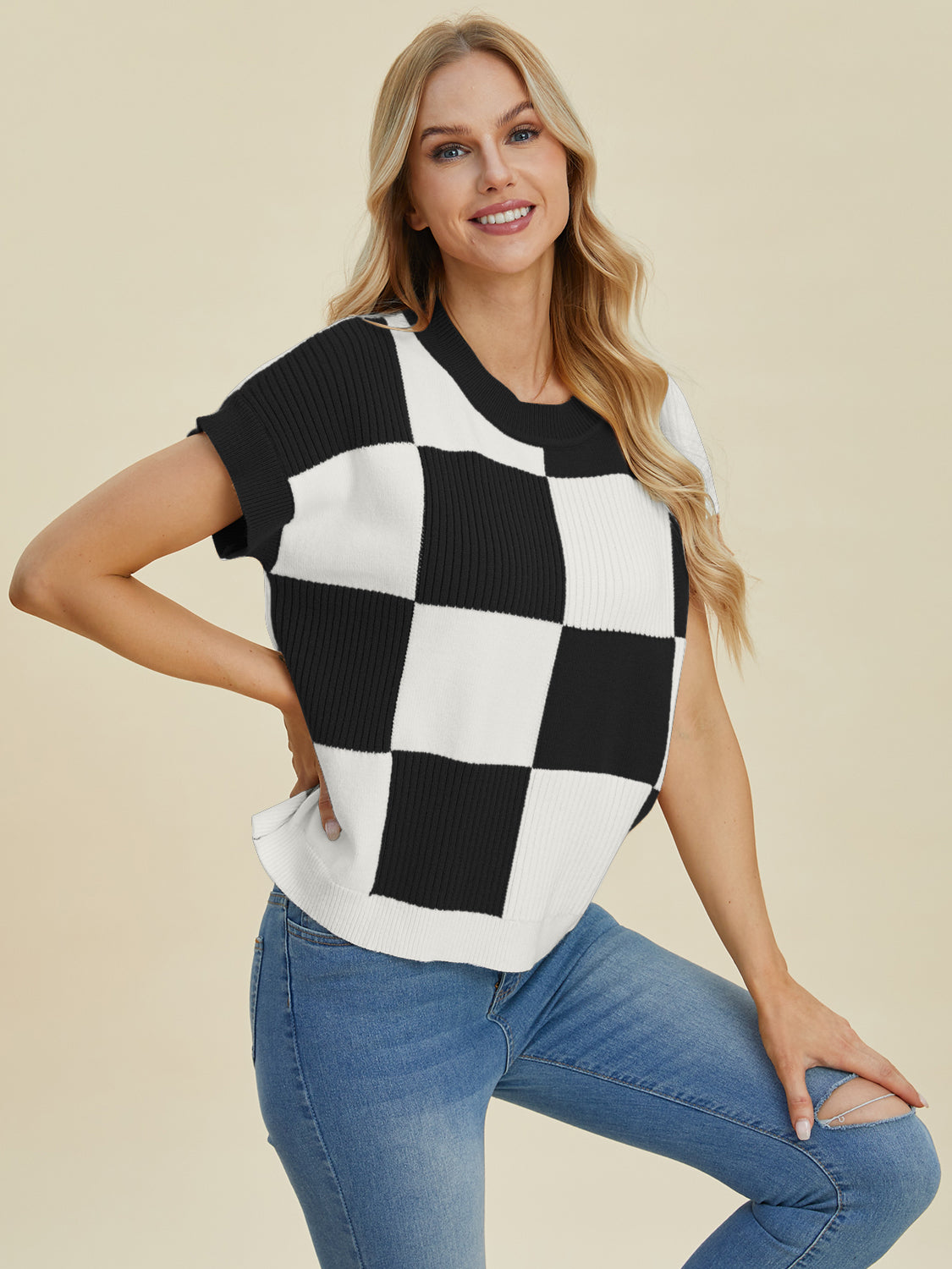 Double Take Full Size Checkered Round Neck Short Sleeve Sweater Black Shirt Apparel Clothing Tops Double Take Ship from USA Shirts USA Women Trendsi https://www.cyberehub.com