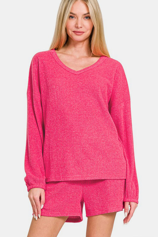 Zenana V-Neck Long Sleeve Ribbed Top and Shorts Set Strawberry Apparel/Tops Ship from USA TikTok Tops Trendsi USPS Walmart Walmart Apparel Zenana Trendsi https://www.cyberehub.com