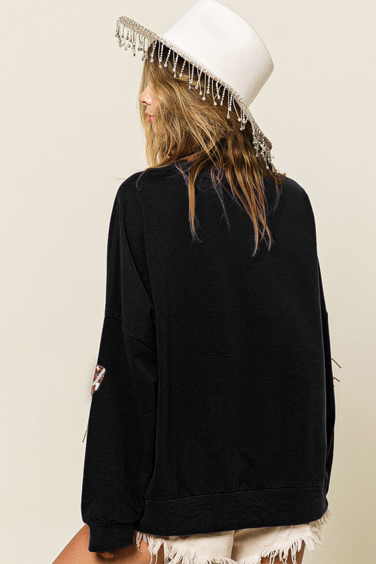 BiBi Sequin Fringe Football Patch Round Neck Sweatshirt Tops/Jackets/Sweaters BiBi Clothing Tops Ship from USA TikTok Trendsi USPS Walmart Trendsi https://www.cyberehub.com