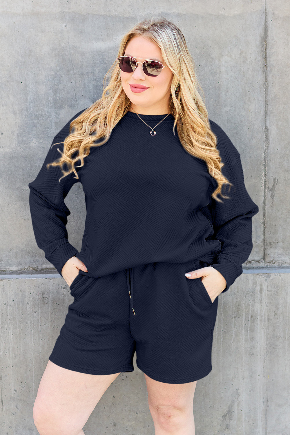 Double Take Full Size Texture Long Sleeve Top and Drawstring Shorts Set Apparel/Tops Double Take Ship from USA TikTok Tops Trendsi USPS Walmart Walmart Apparel Trendsi https://www.cyberehub.com