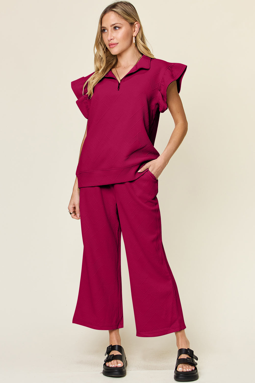 Double Take Texture Ruffle Short Sleeve Top and Drawstring Wide Leg Pants Set Deep Rose Apparel/Tops Double Take Ship from USA TikTok Tops Trendsi USPS Walmart Walmart Apparel Trendsi https://www.cyberehub.com