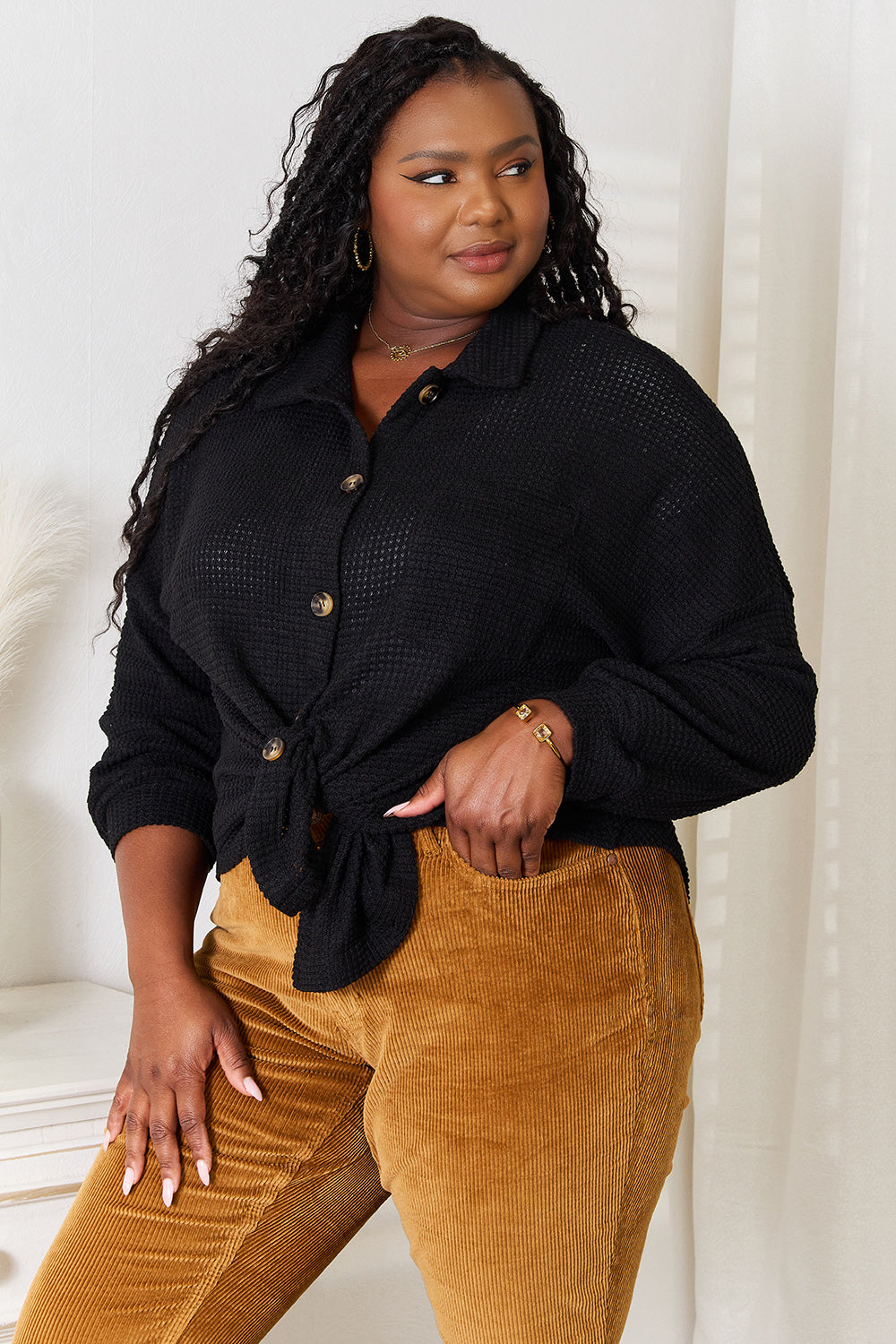 Double Take Waffle-Knit Collared Neck Dropped Shoulder Shirt Apparel/Tops Doorbusters Double Take Ship from USA TikTok Tops Trendsi USPS Walmart Walmart Apparel Trendsi https://www.cyberehub.com
