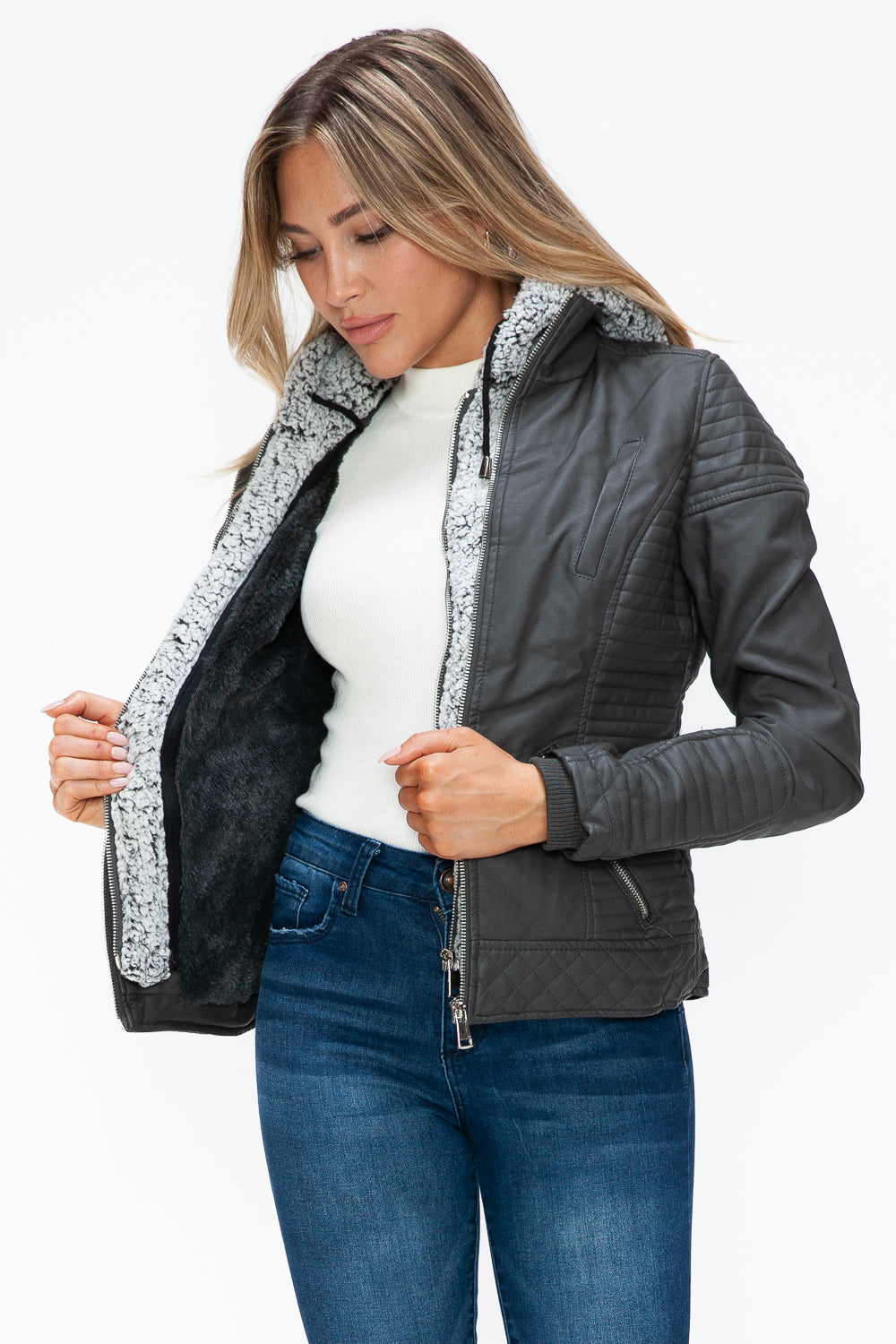 YMI Faux Layered Double-Zipper Jacket with Fuzzy Hood Tops/Jackets/Sweaters Clothing Tops Ship from USA TikTok Trendsi USPS Walmart YMI outerwear Trendsi https://www.cyberehub.com