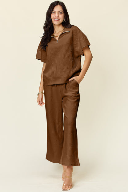 Double Take Full Size Texture Half Zip Short Sleeve Top and Pants Set Mocha Apparel/Tops Double Take Ship from USA TikTok Tops Trendsi USPS Walmart Walmart Apparel Trendsi https://www.cyberehub.com
