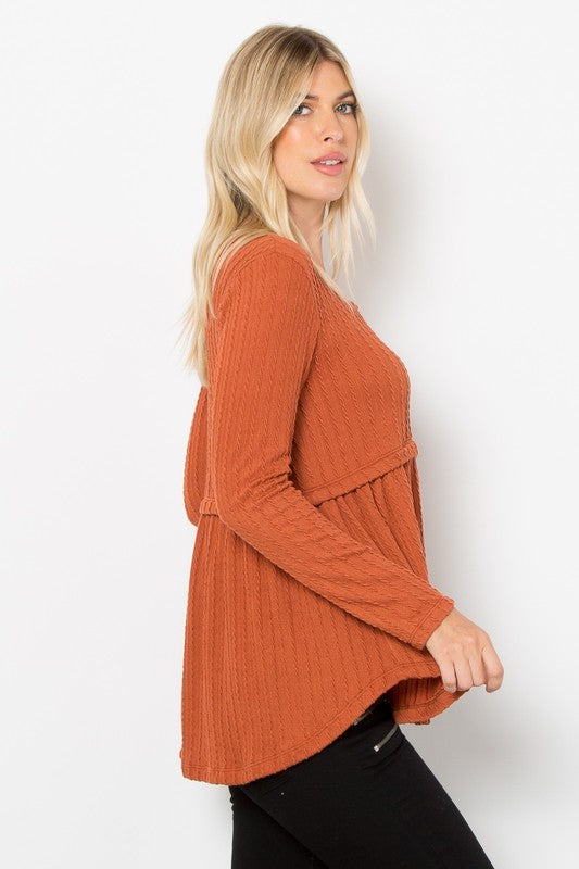 Be Stage Full Size Texture Babydoll Round Neck Long Sleeve Knit Top Tops/Jackets/Sweaters BE Stage Clothing Tops Ship from USA TikTok Trendsi USPS Walmart Trendsi https://www.cyberehub.com