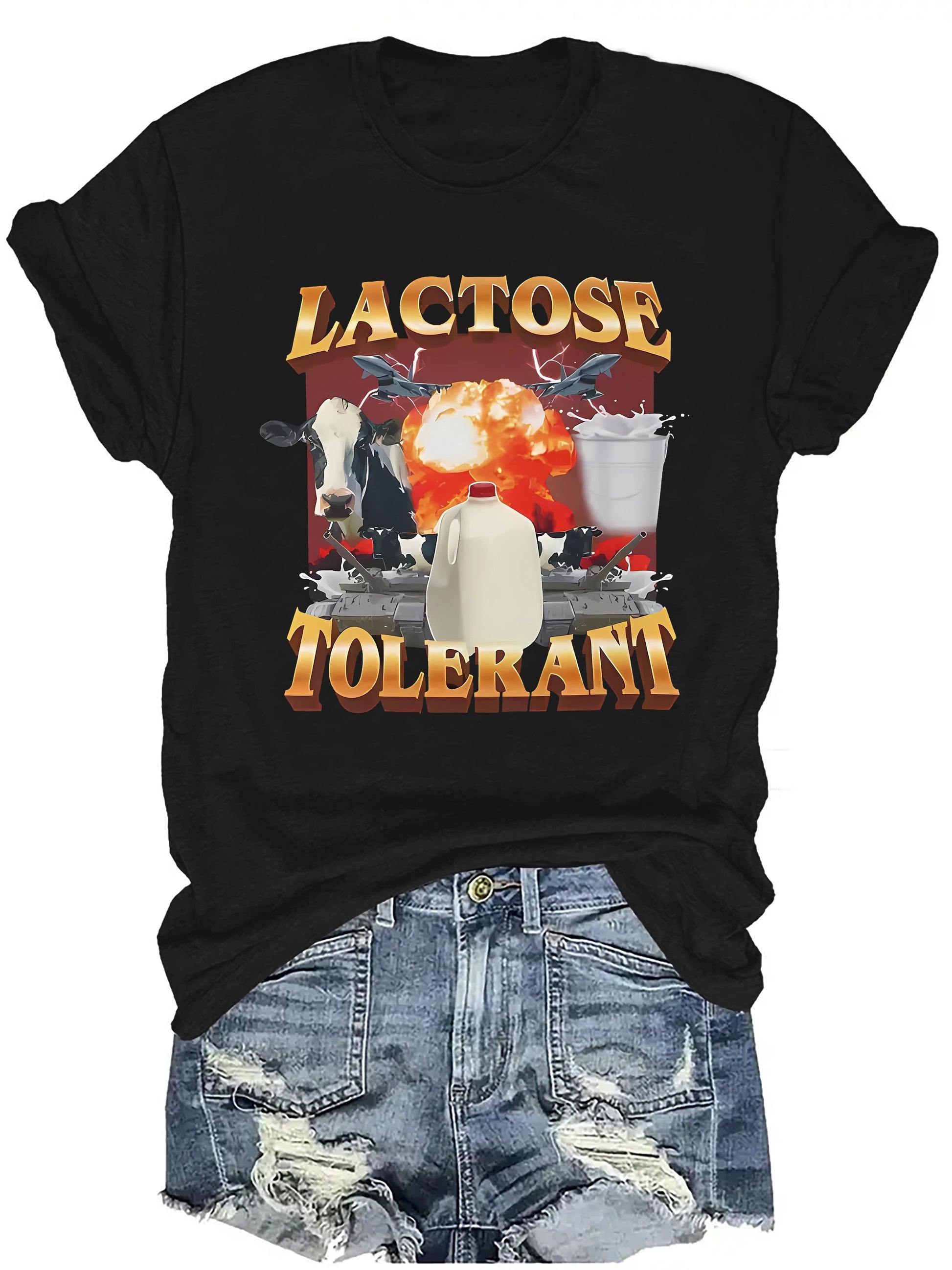 Lactose Tolerant Pattern T-shirt - Casual Round Neck T-shirt, Printed Design, Unisex Short Sleeved Knitted Fabric Top, Suitable For All Seasons Apparel/Shirt/Graphic Shirt SNULLO https://www.cyberehub.com