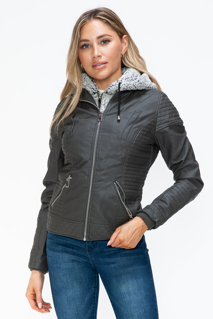 YMI Faux Layered Double-Zipper Jacket with Fuzzy Hood Tops/Jackets/Sweaters Clothing Tops Ship from USA TikTok Trendsi USPS Walmart YMI outerwear Trendsi https://www.cyberehub.com
