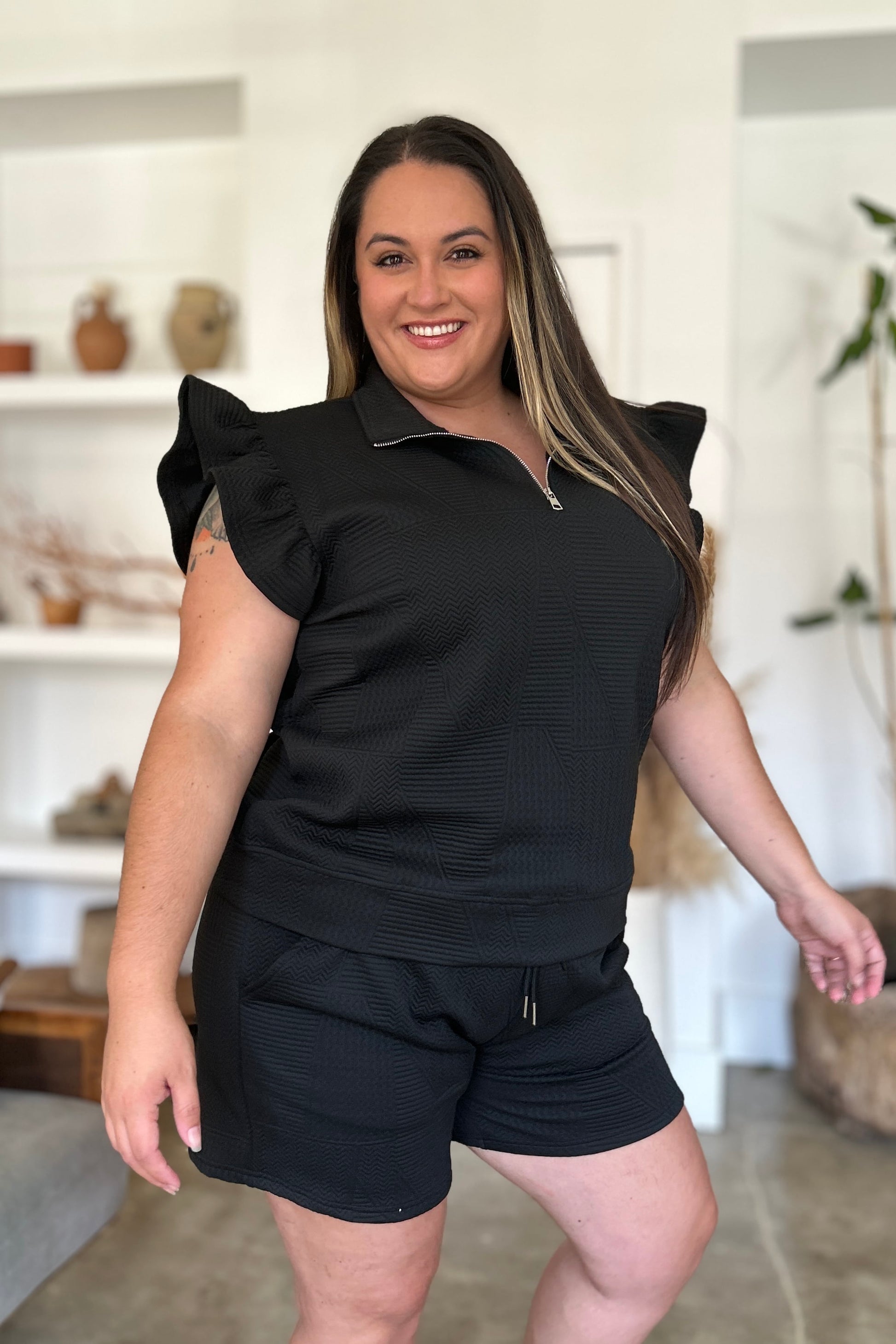 Double Take Full Size Texture Flounce Sleeve Top and Shorts Set Tops/Jackets/Sweaters Clothing Tops Double Take Ship from USA TikTok Trendsi USPS Walmart Trendsi https://www.cyberehub.com