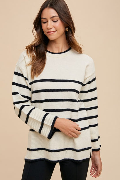 Annie Wear Side Slit Striped Round Neck Sweater Ivory Apparel Annie Wear Apparel Ship from USA TikTok Trendsi Trendsi https://www.cyberehub.com