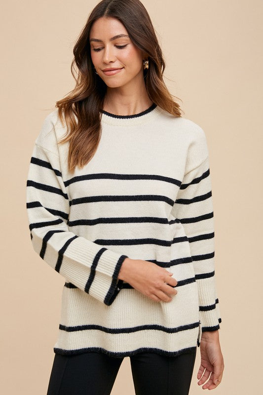 Annie Wear Side Slit Striped Round Neck Sweater Ivory Apparel Annie Wear Apparel Ship from USA TikTok Trendsi Trendsi https://www.cyberehub.com
