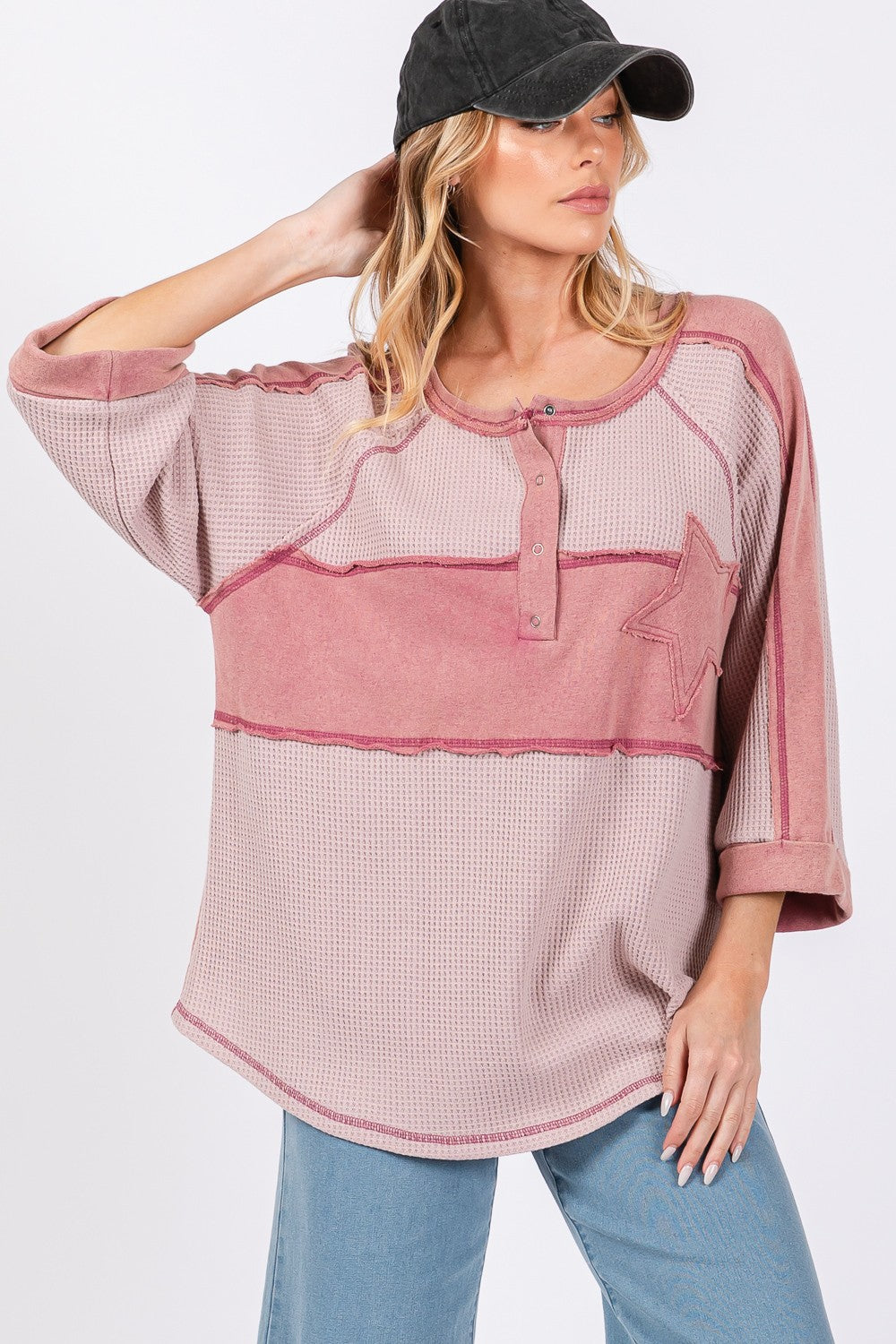 SAGE + FIG Star Applique Patch Exposed Seam Waffle Knit Top Shirt Apparel Clothing Tops SAGE+FIG Ship from USA Shirts USA Women Trendsi https://www.cyberehub.com