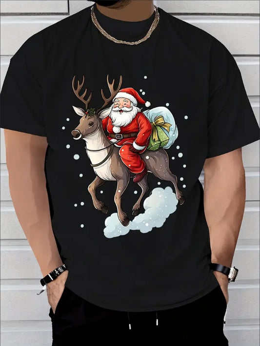 Men's Santa & Reindeer Print Christmas T-Shirt - Pure Cotton, Crew Neck, Casual Fit With Slight Stretch, All-Season Comfort Apparel/Shirt/Graphic Shirt SNULLO https://www.cyberehub.com
