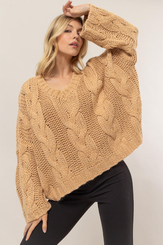 HYFVE Cable Knit V-Neck Sweater Taupe Tops/Jackets/Sweaters Clothing Tops HYFVE Ship from USA TikTok Trendsi USPS Walmart Trendsi https://www.cyberehub.com