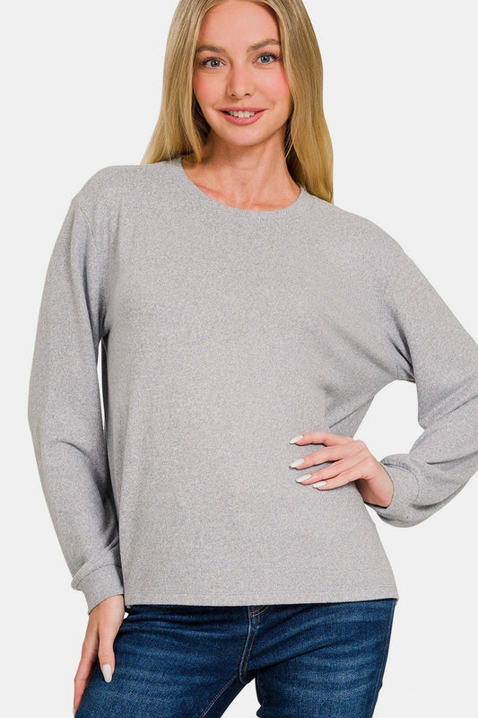 Zenana Hacci Round Neck Long Sleeve T-Shirt Light Gray Apparel/Tops Ship from USA TikTok Tops Trendsi USPS Walmart Walmart Apparel Zenana Trendsi https://www.cyberehub.com
