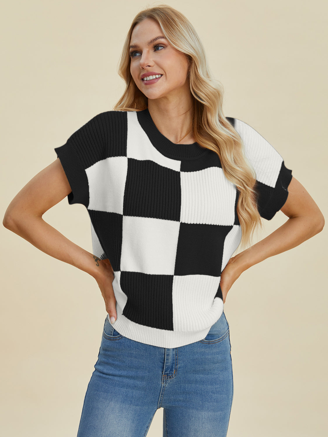 Double Take Full Size Checkered Round Neck Short Sleeve Sweater Shirt Apparel Clothing Tops Double Take Ship from USA Shirts USA Women Trendsi https://www.cyberehub.com