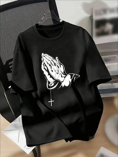 Hand Print Drop Shoulder T-shirt, Short Sleeve Crew Neck Casual Top For Spring & Summer, Women's Clothing Black Apparel/Shirt/Graphic Shirt SNULLO https://www.cyberehub.com