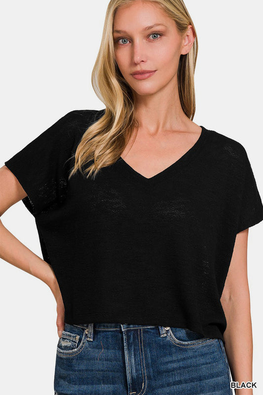 Zenana V-Neck Short Sleeve Crop T-Shirt Black Apparel/Tops Ship from USA TikTok Tops Trendsi USPS Walmart Walmart Apparel Zenana Trendsi https://www.cyberehub.com