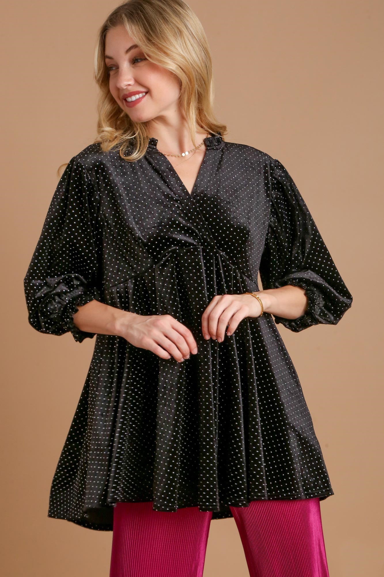 Umgee Full Size Beaded Frill Flounce Sleeve Velvet Babydoll Blouse Black Apparel Apparel Ship from USA TikTok Trendsi Umgee USA Trendsi https://www.cyberehub.com