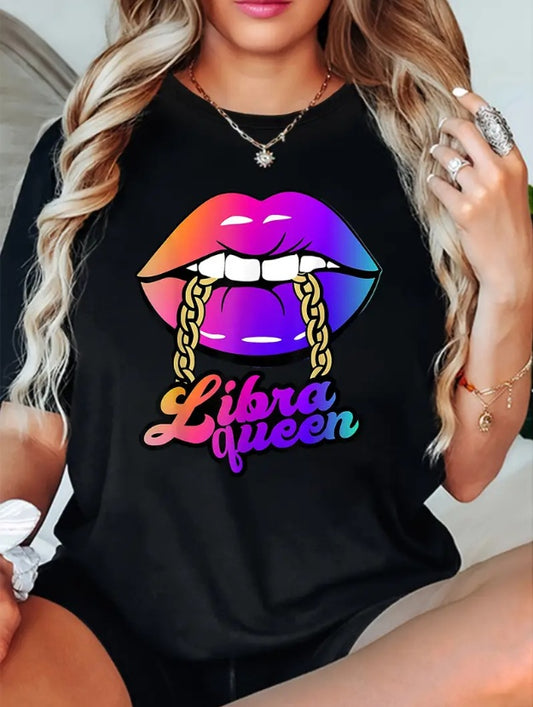 Libra Queen Print Crew Neck T-shirt, Spring Summer Casual Short-Sleeved Top, Women's Clothing Apparel/Shirt/Graphic Shirt SNULLO https://www.cyberehub.com