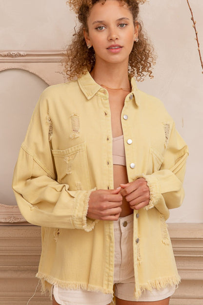 POL Button Down Raw Hem Distressed Shacket Lemonade Shirt Apparel Clothing Tops POL Ship from USA Shirts USA Women Trendsi https://www.cyberehub.com