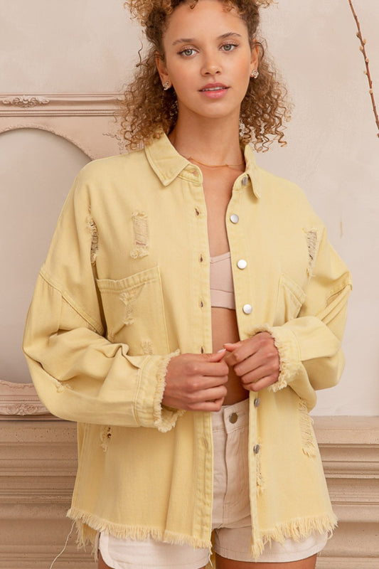 POL Button Down Raw Hem Distressed Shacket Lemonade Shirt Apparel Clothing Tops POL Ship from USA Shirts USA Women Trendsi https://www.cyberehub.com