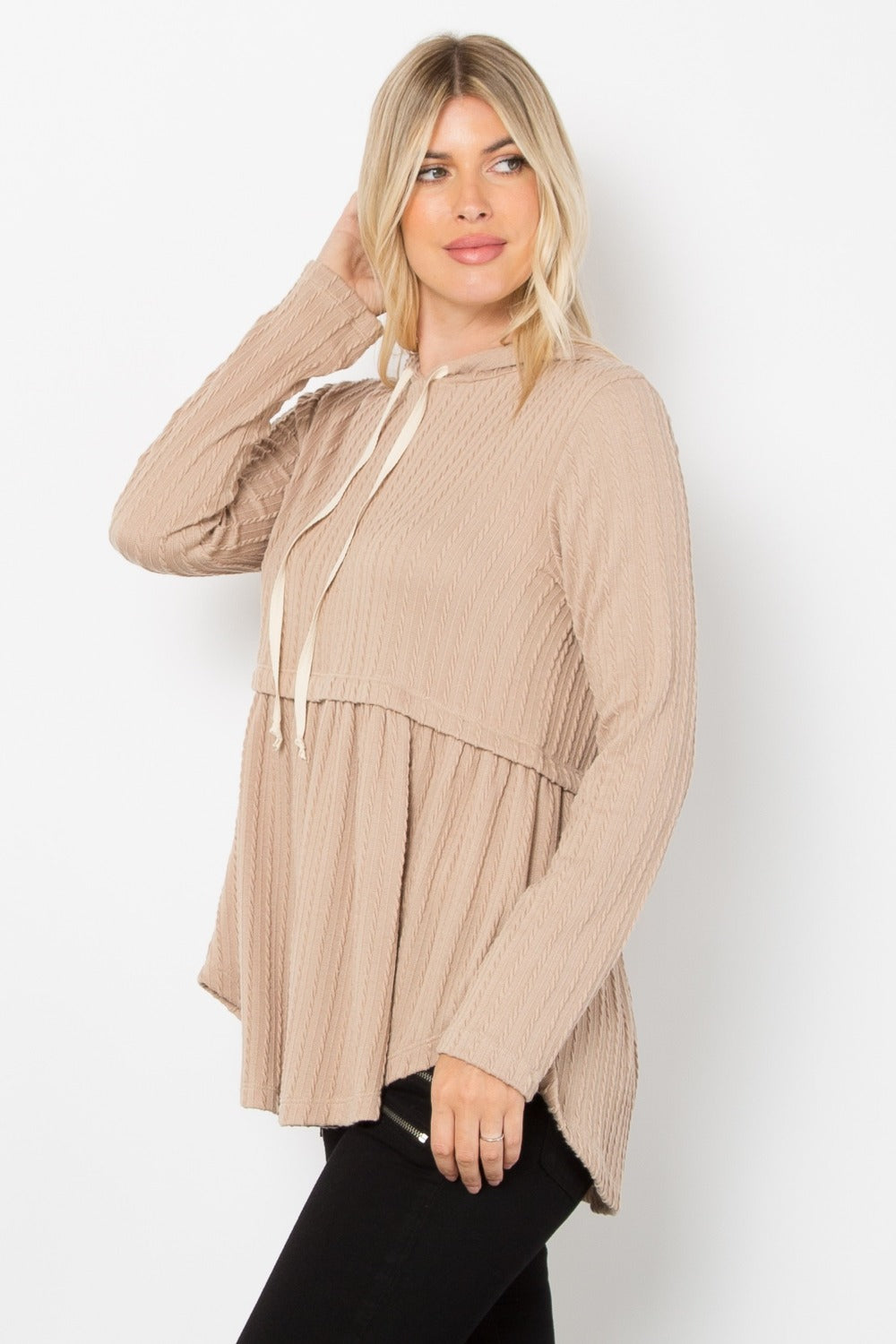 Be Stage Full Size Long Sleeve Peplum Cable Knit Hoodie Shirt Apparel BE Stage Clothing Tops Ship from USA Shirts USA Women Trendsi https://www.cyberehub.com