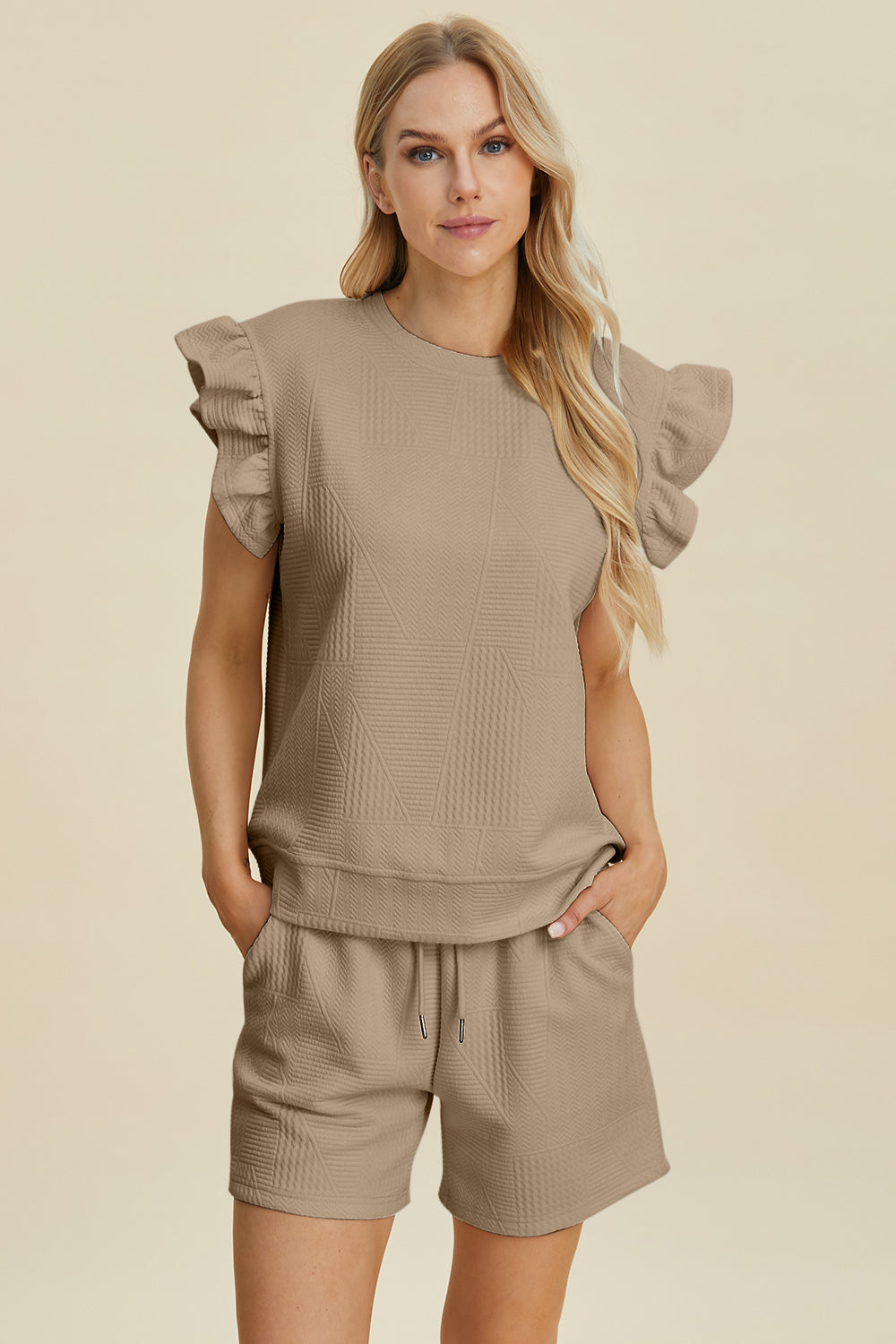 Double Take Full Size Texture Round Neck Ruffle Sleeve Top and Shorts Set Tops/Jackets/Sweaters Clothing Tops Double Take Ship from USA TikTok Trendsi USPS Walmart Trendsi https://www.cyberehub.com