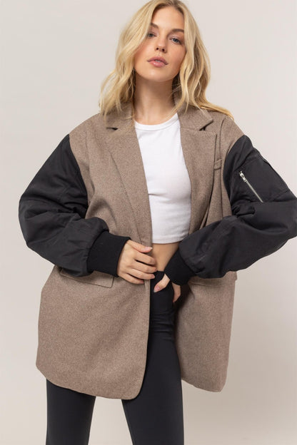 HYFVE Herringbone Mixed Media Contrast Long Sleeve Blazer Brown Shirt Apparel Clothing Tops HYFVE Ship from USA Shirts USA Women Trendsi https://www.cyberehub.com