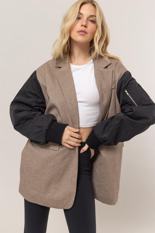 HYFVE Herringbone Mixed Media Contrast Long Sleeve Blazer Brown Shirt Apparel Clothing Tops HYFVE Ship from USA Shirts USA Women Trendsi https://www.cyberehub.com
