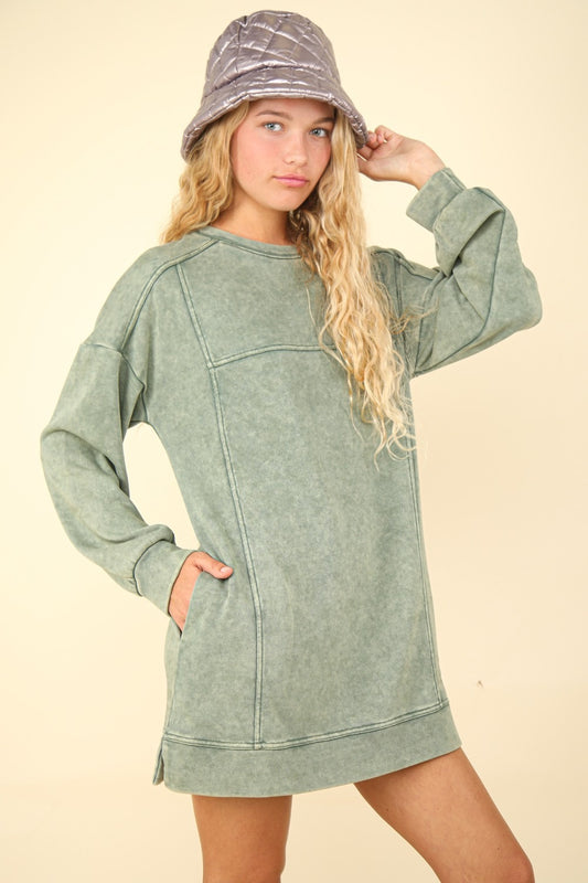 VERY J Mineral Washed Oversized Sweatshirt Mini Dress Sage Apparel/Dress Dress Ship from USA TikTok Trendsi USPS VERY J Walmart Walmart Apparel Trendsi https://www.cyberehub.com